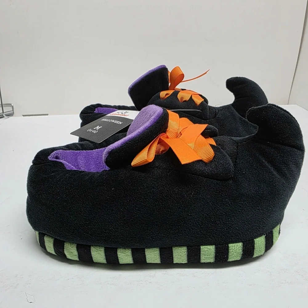 Halloween Witch Slippers Kids Size M‎ 11-12 Black Orange Laces Pointed Toe New